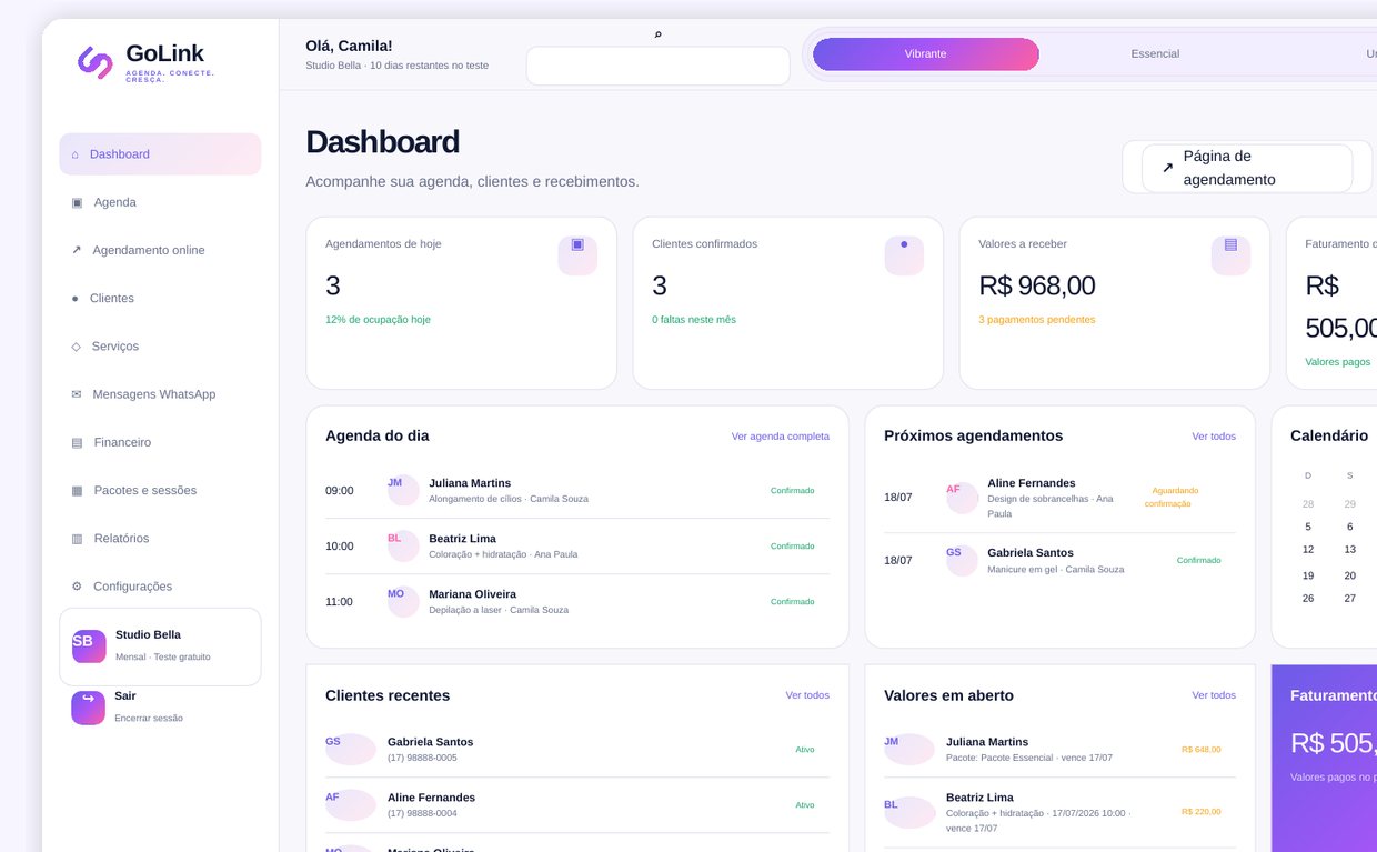 Dashboard do sistema GoLink V8